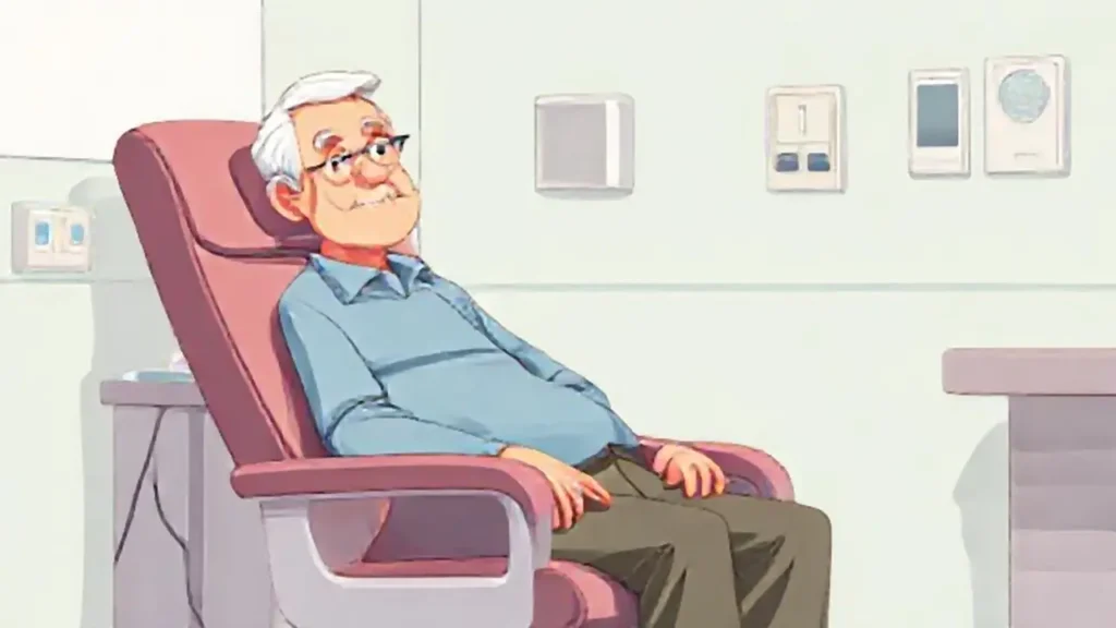 Un anciano está sentado en una silla clínica