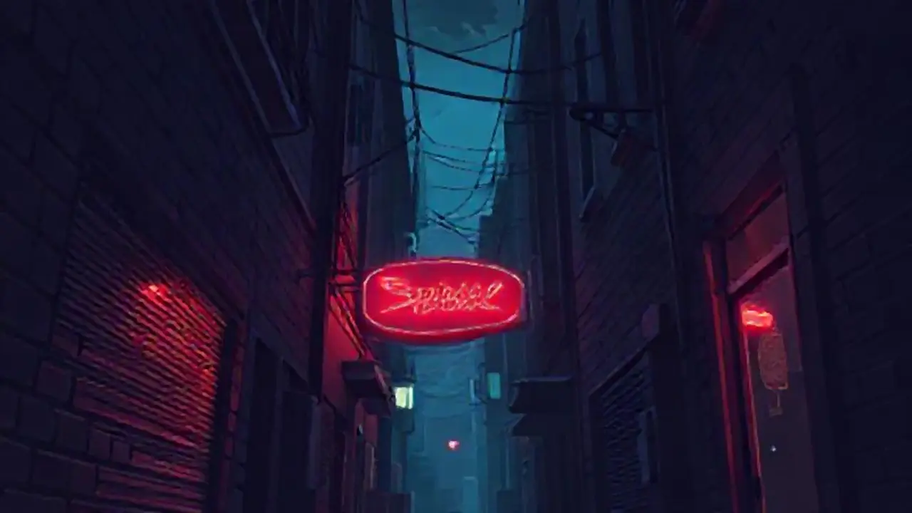Callejón oscuro con neón parpadeante