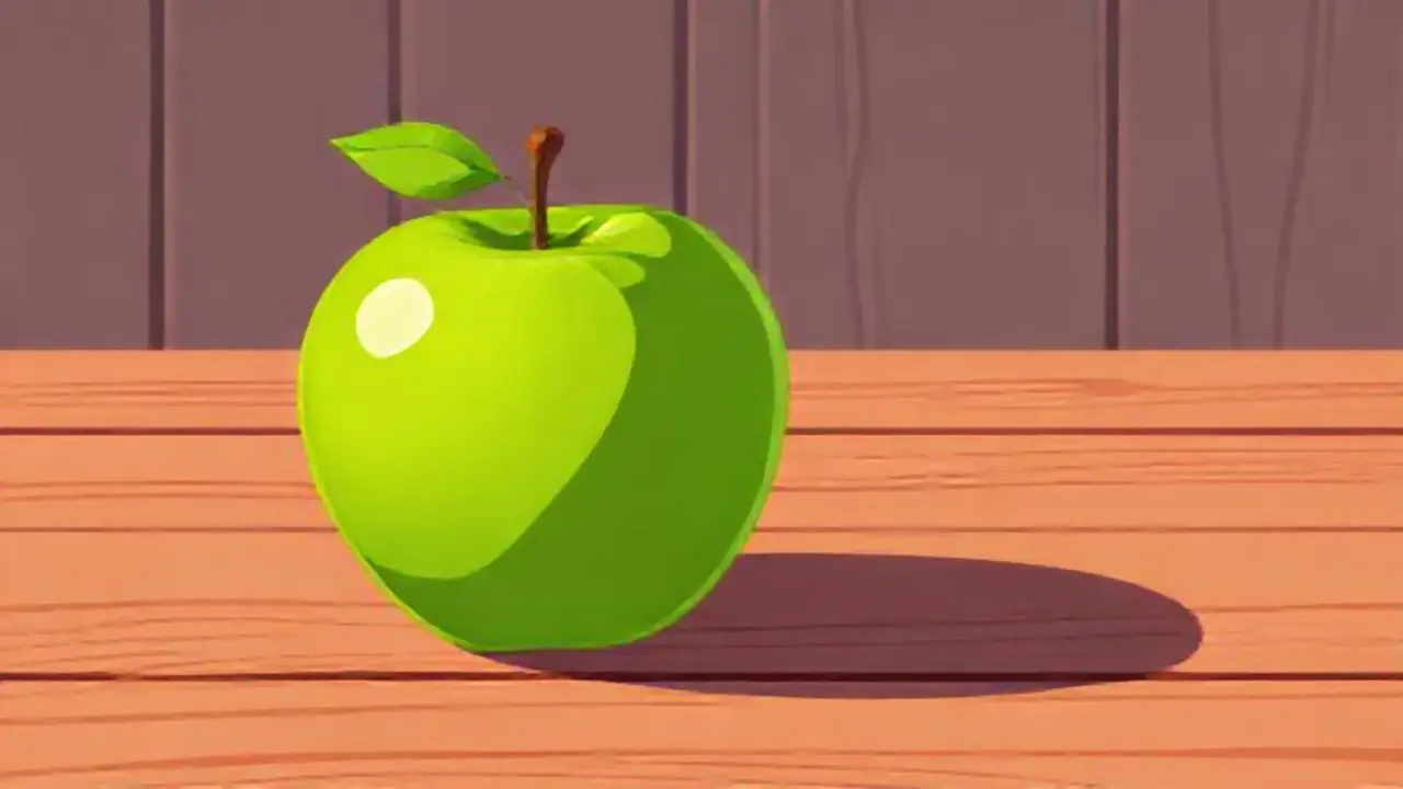 Manzana verde sobre mesa de madera