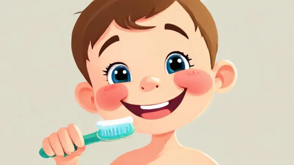 Niño lavándose los dientes sonriendo