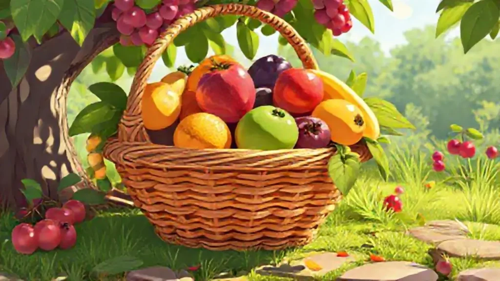 Cesta de frutas brillantes al aire libre