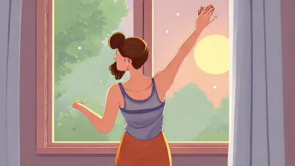 Mujer estirándose junto a la ventana