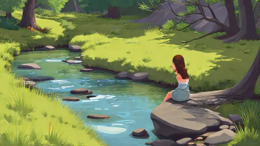 Mujer sentada junto al río