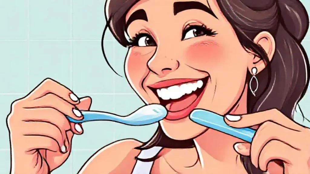Mujer sonriente cepillándose los dientes