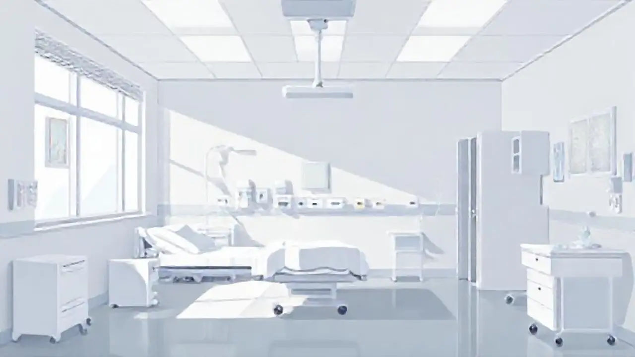 Habitación hospitalaria gris con luz suave