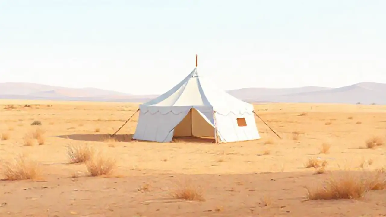 Una tienda blanca sobre un campo polvoriento