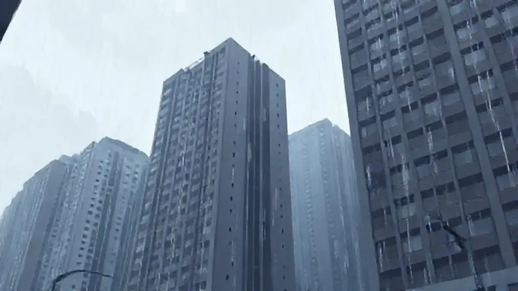 Lluvia gris sobre edificios altos
