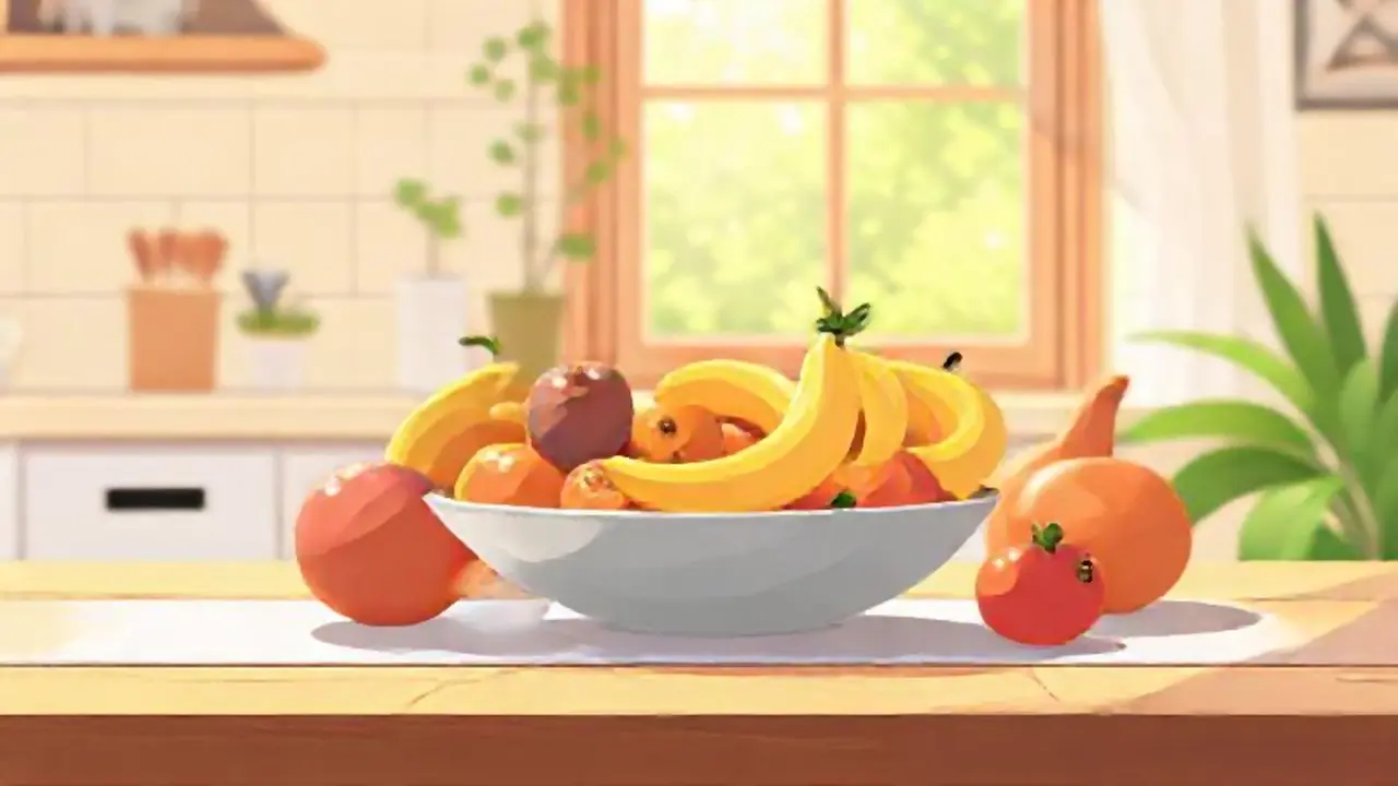 Una mesa de cocina iluminada con sol y un cuenco de fruta fresca