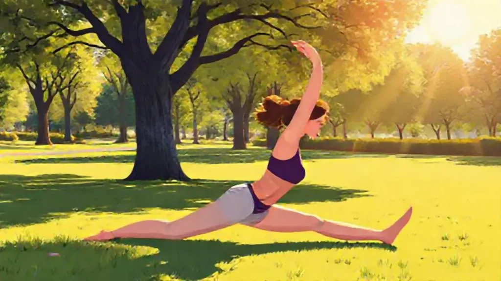 Mujer se estira en el parque soleado