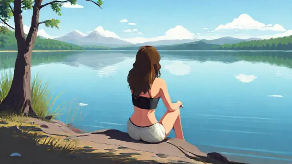Mujer junto a un lago tranquilo