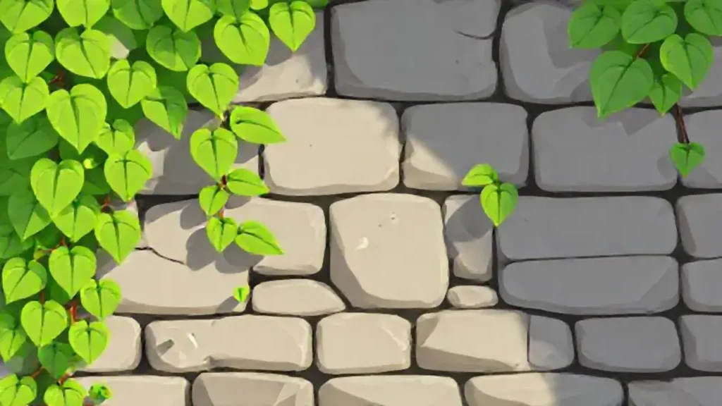 Hojas verdes en pared de piedra