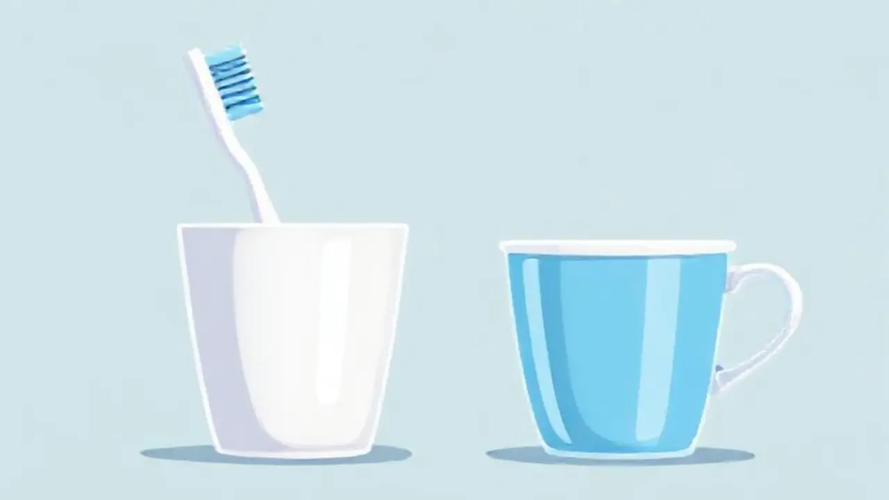 Un cepillo blanco junto a una taza azul