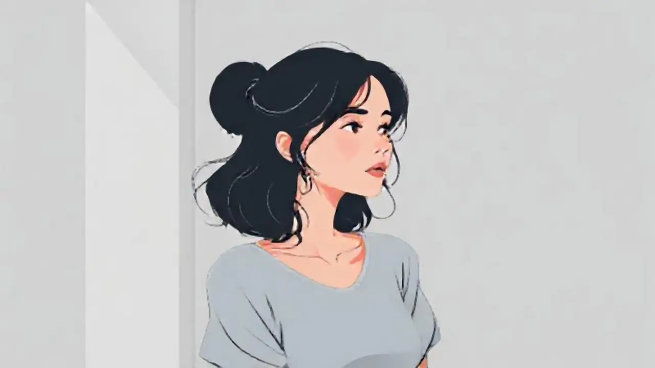 Mujer pálida en habitación gris