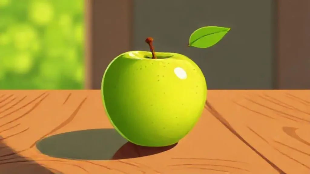 Manzana verde sobre mesa de madera