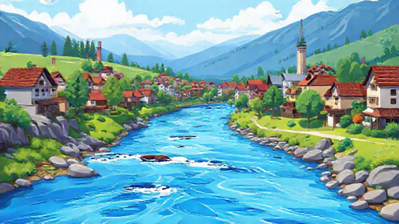 Río azul atraviesa el pueblo