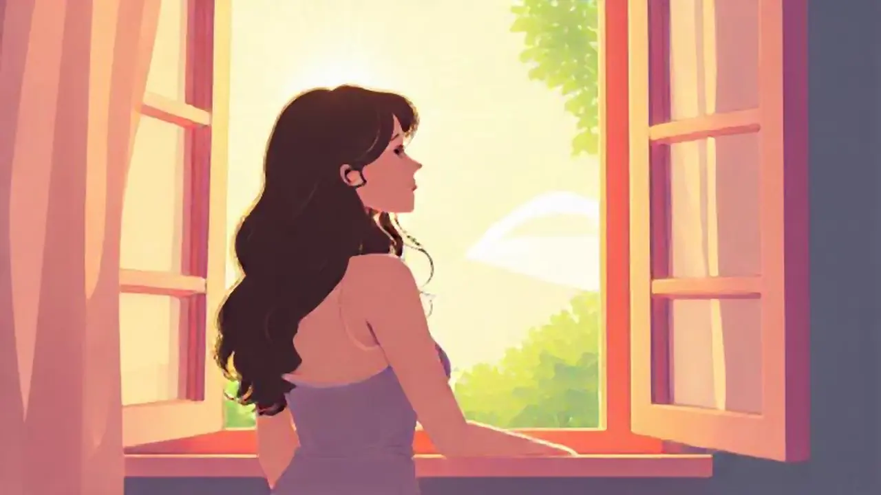 Mujer en ventana soleada