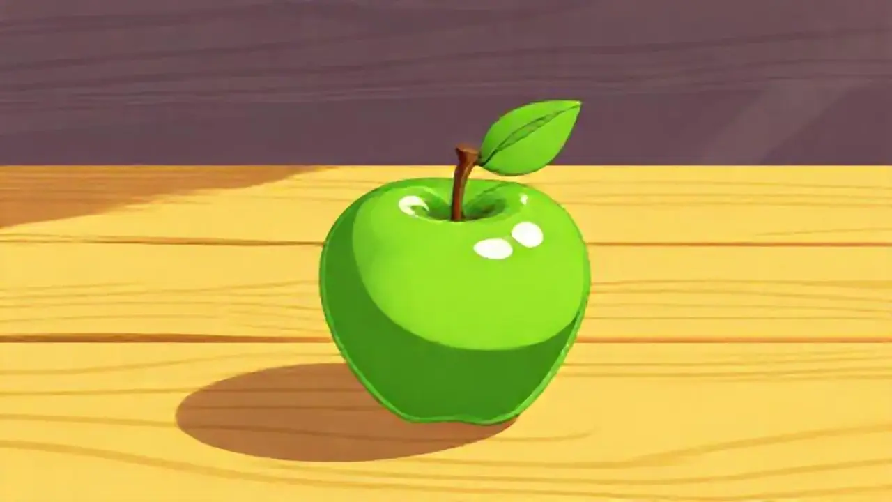 Manzana verde sobre mesa de madera