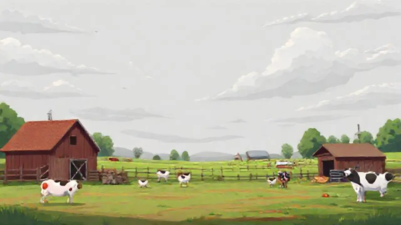 Granja bajo un cielo gris