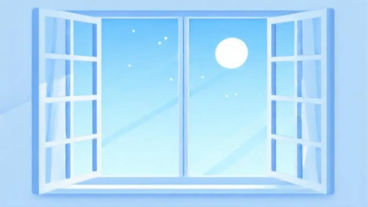 Ventana azul pálida en el dormitorio