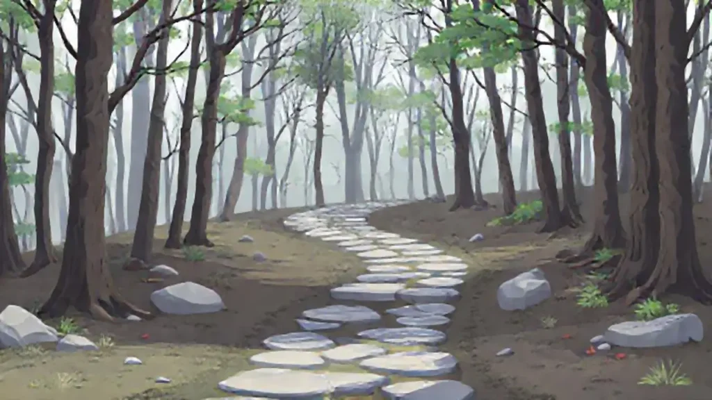 Un sendero de piedra gris serpentea por el bosque