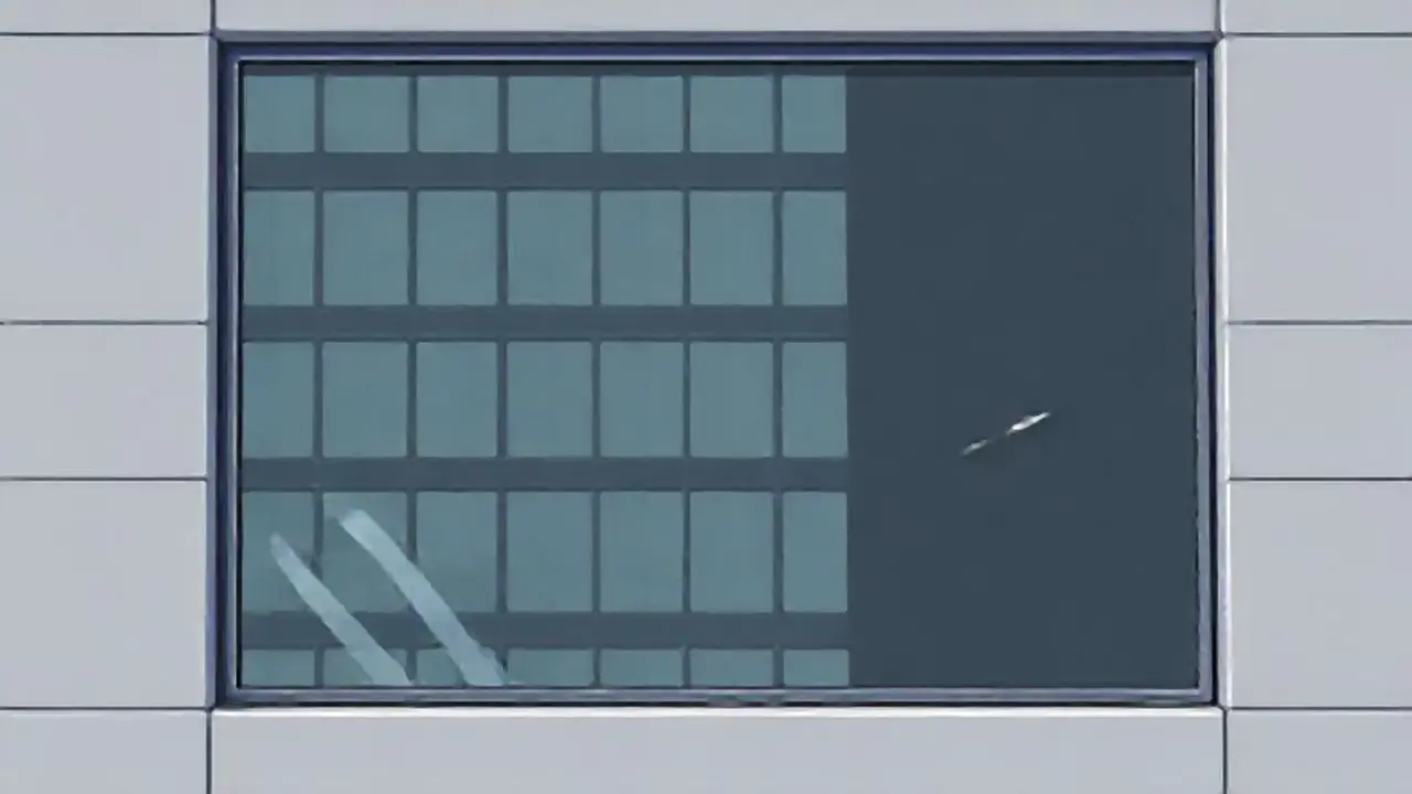 Reflejo de edificio gris en ventana