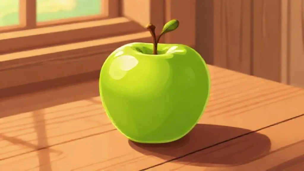 Manzana verde sobre mesa de madera