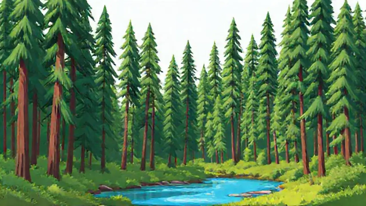 Árboles altos y verdes junto al río azul