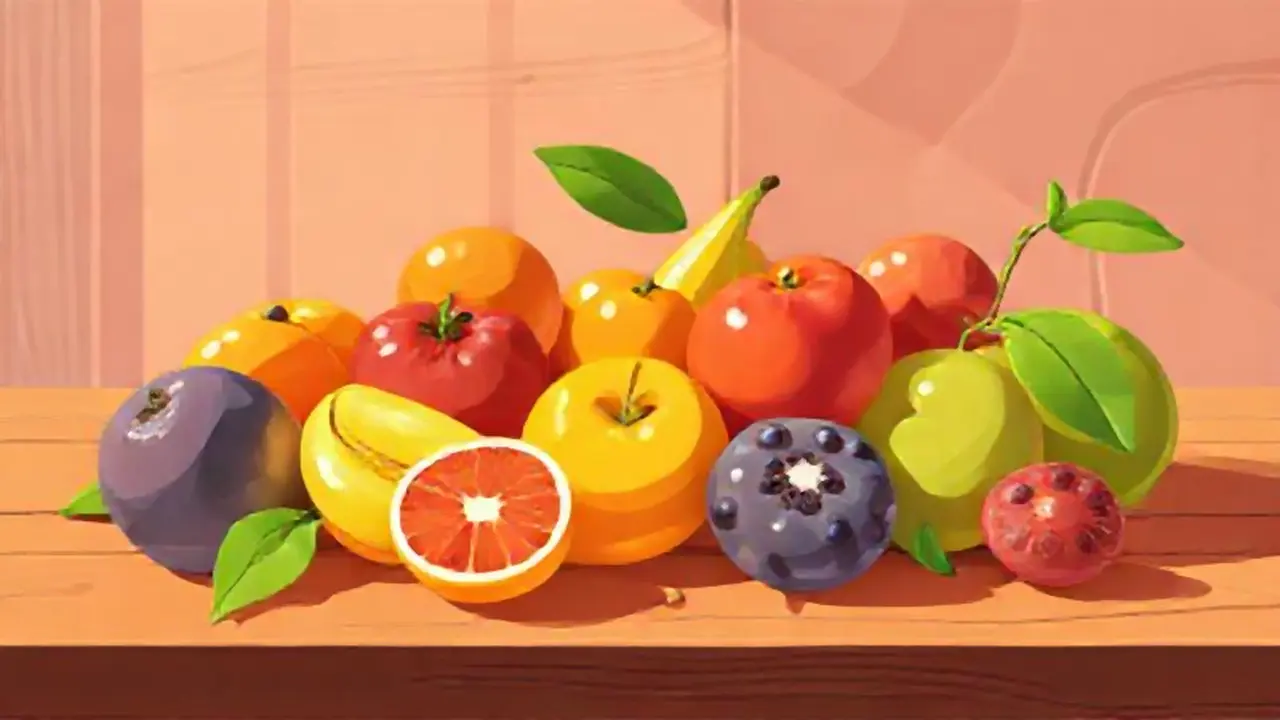 Frutas brillantes sobre madera