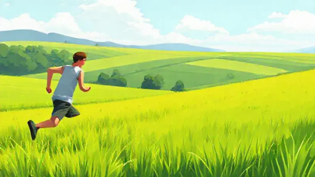 Un hombre corre por el campo verde