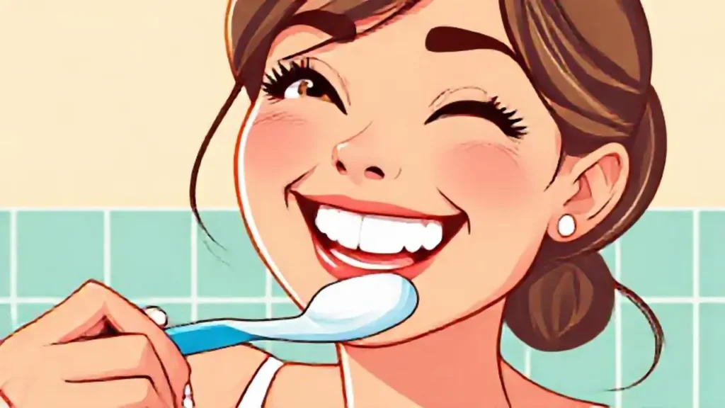 Mujer sonriente cepillándose los dientes