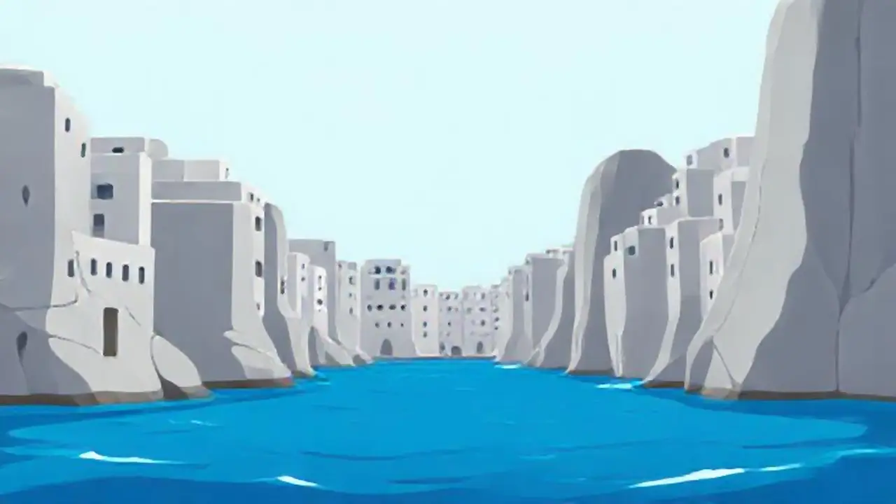 Edificios grises, océano azul