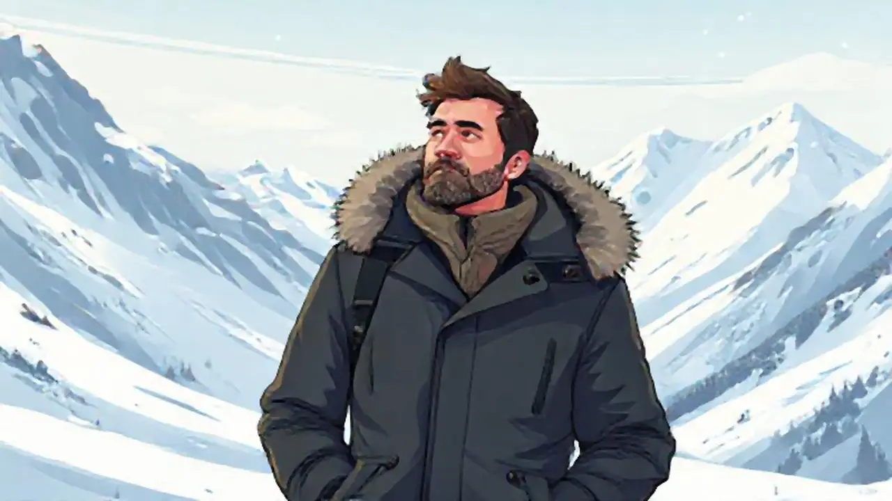 Hombre en abrigo, montañas nevadas