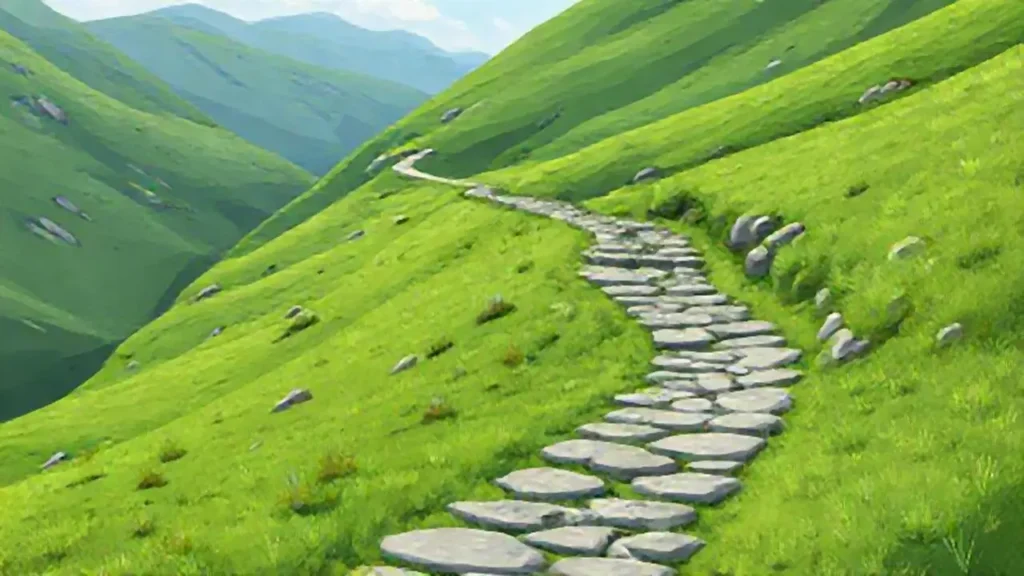Un sendero de piedra serpentea por las colinas verdes