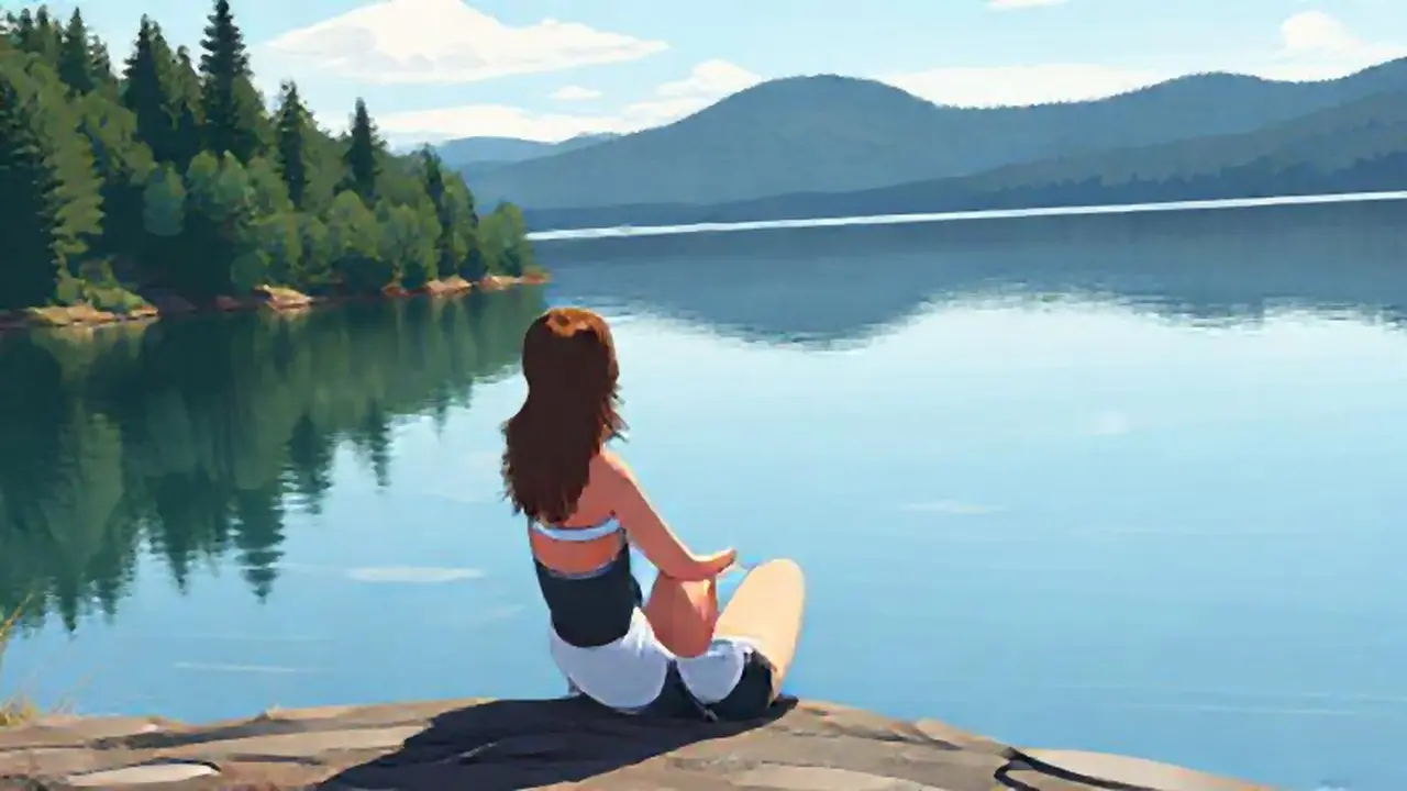 Mujer junto a un lago tranquilo