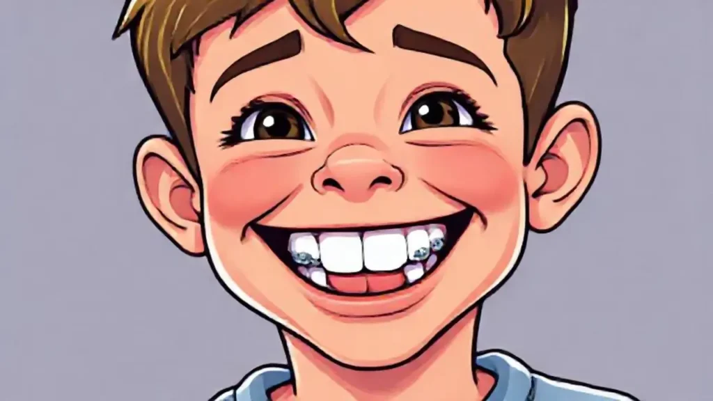 Niño con bráquetes metálicos sonriendo