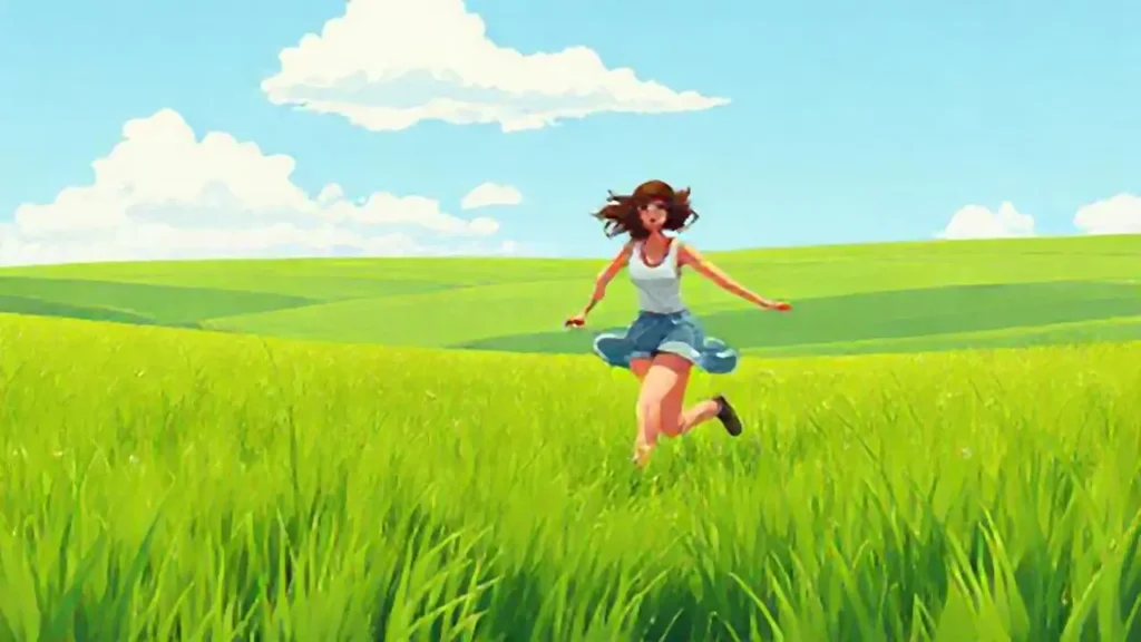 Mujer corre por el campo verde