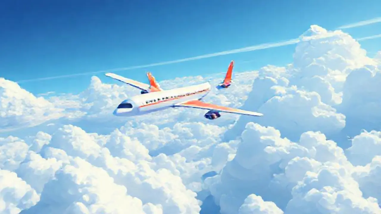 Avión vuela sobre nubes azules