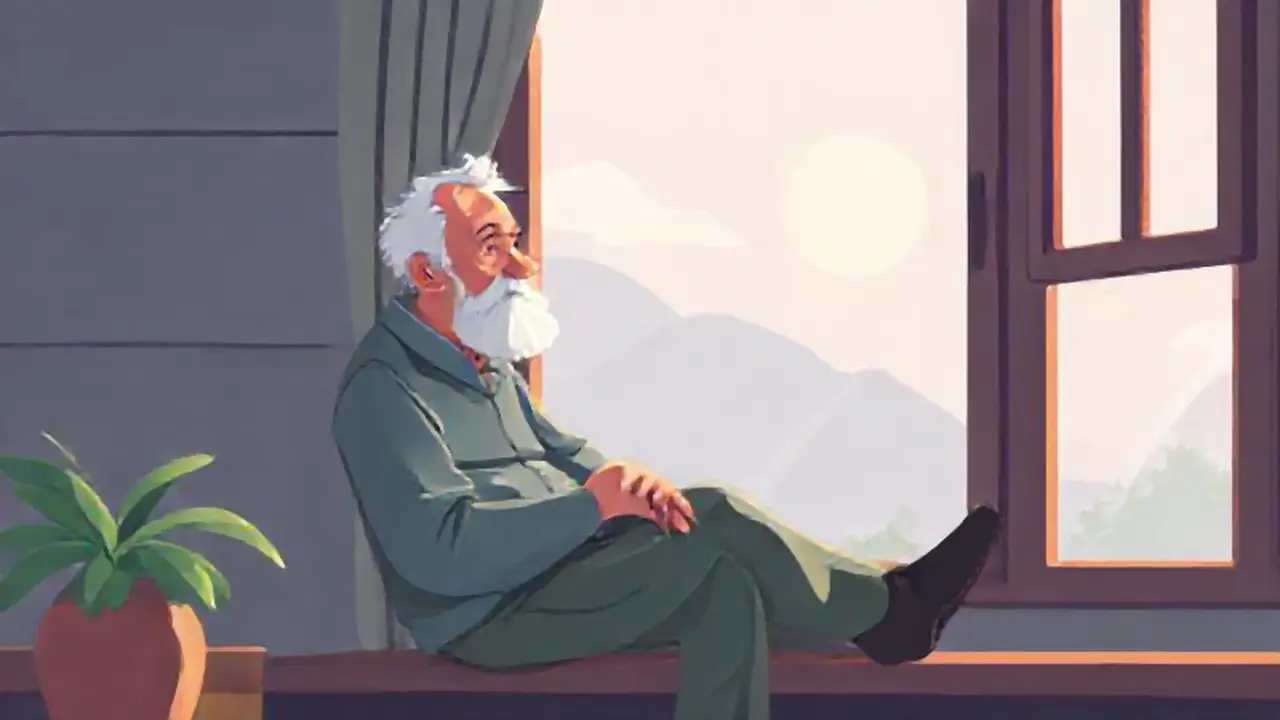 Un anciano está sentado junto a la ventana