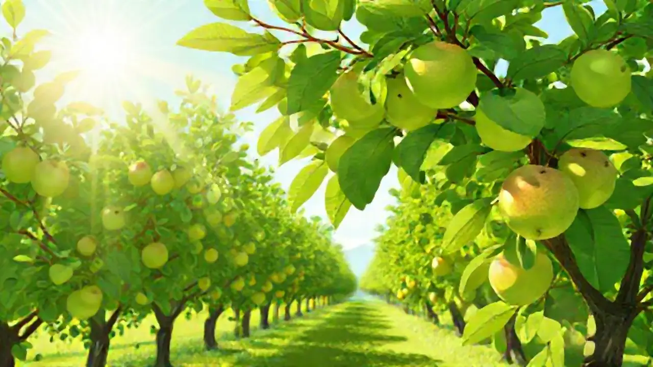 Manzanos verdes bañados por el sol