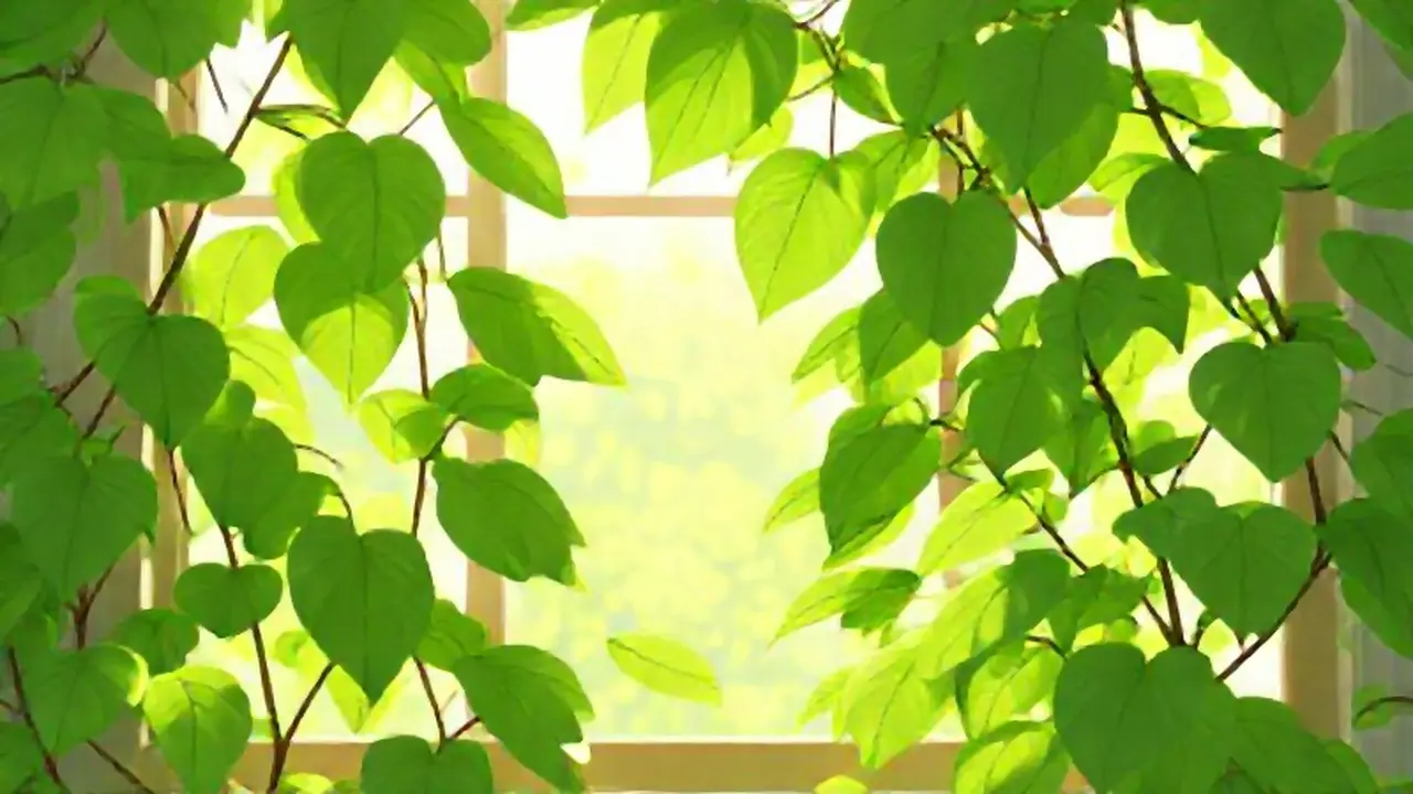 Hojas verdes en ventana brillante