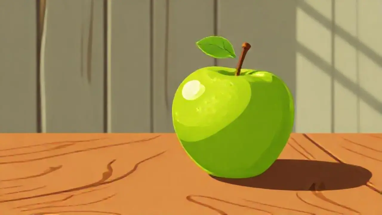 Manzana verde sobre mesa de madera