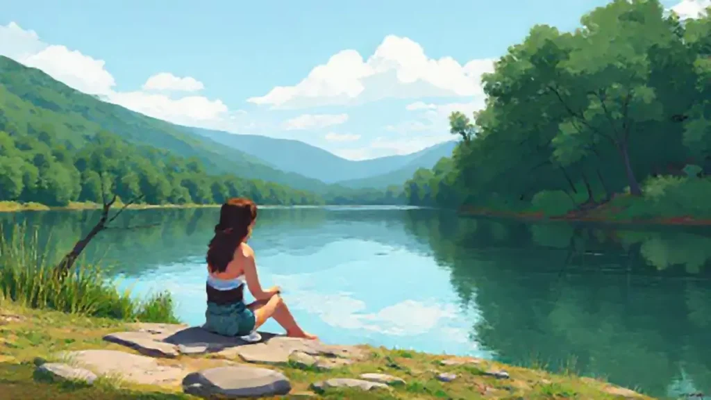 Mujer junto al río tranquilo