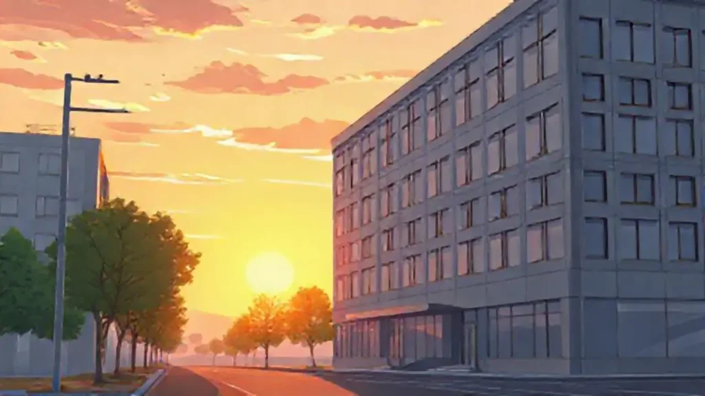 El amanecer ilumina un edificio gris