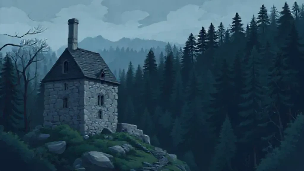 Edificio gris domina el bosque oscuro