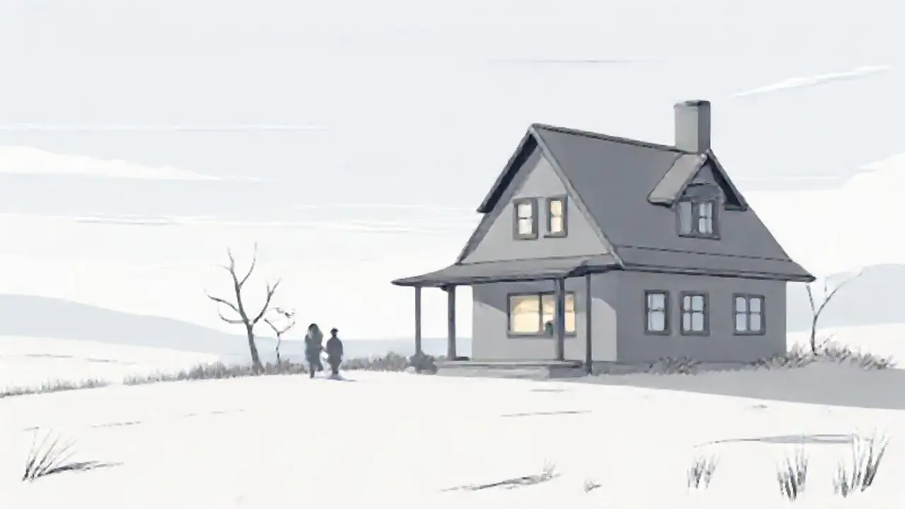 Casa gris, figuras lejanas