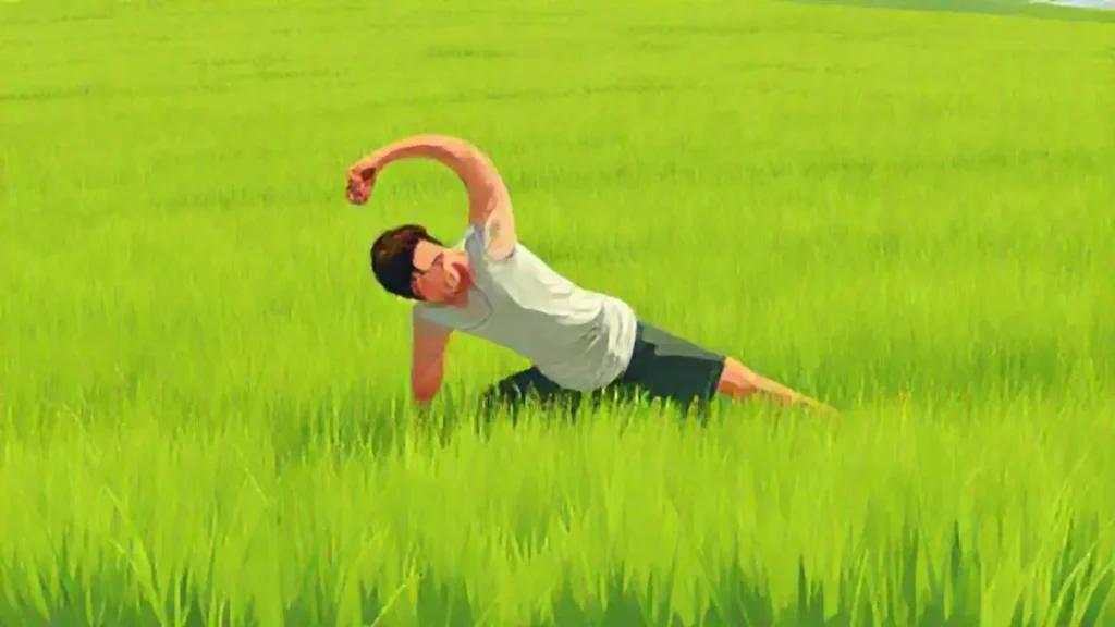 Hombre estirándose en un campo verde
