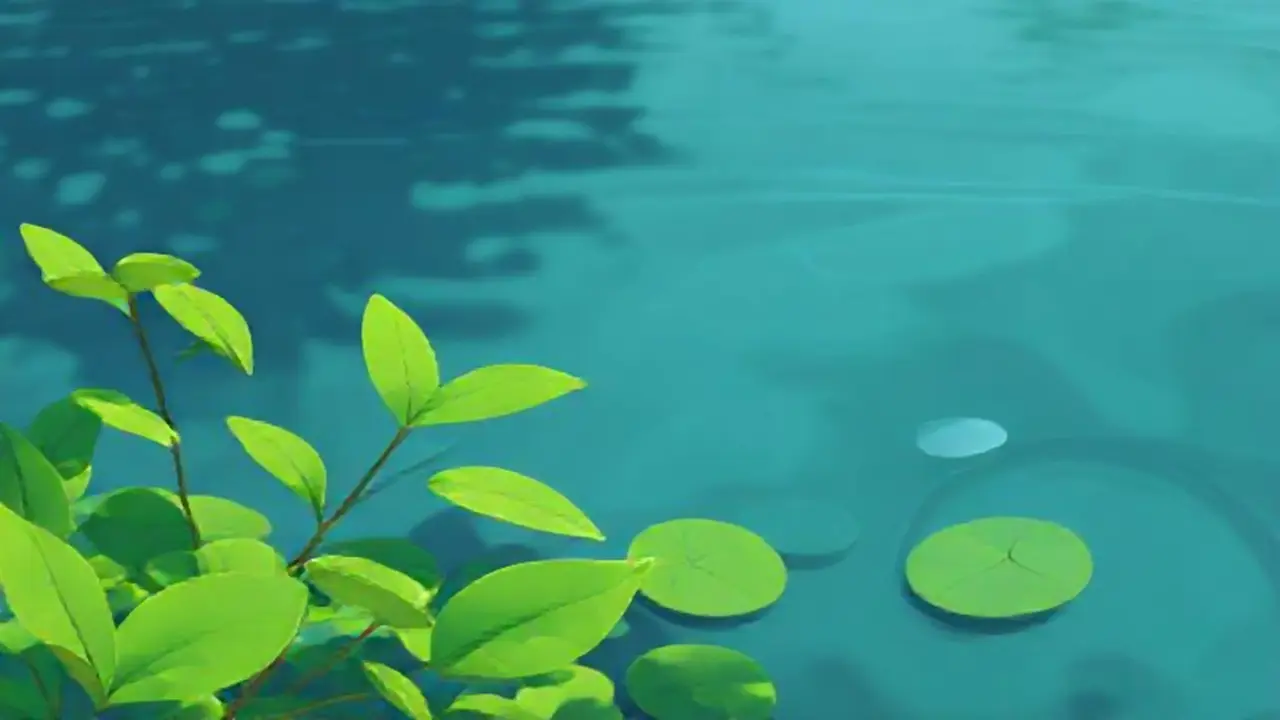 Hojas verdes y agua quieta