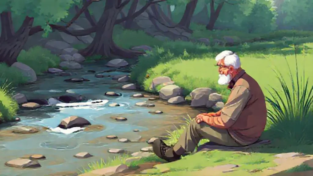 Un anciano se sienta junto al río