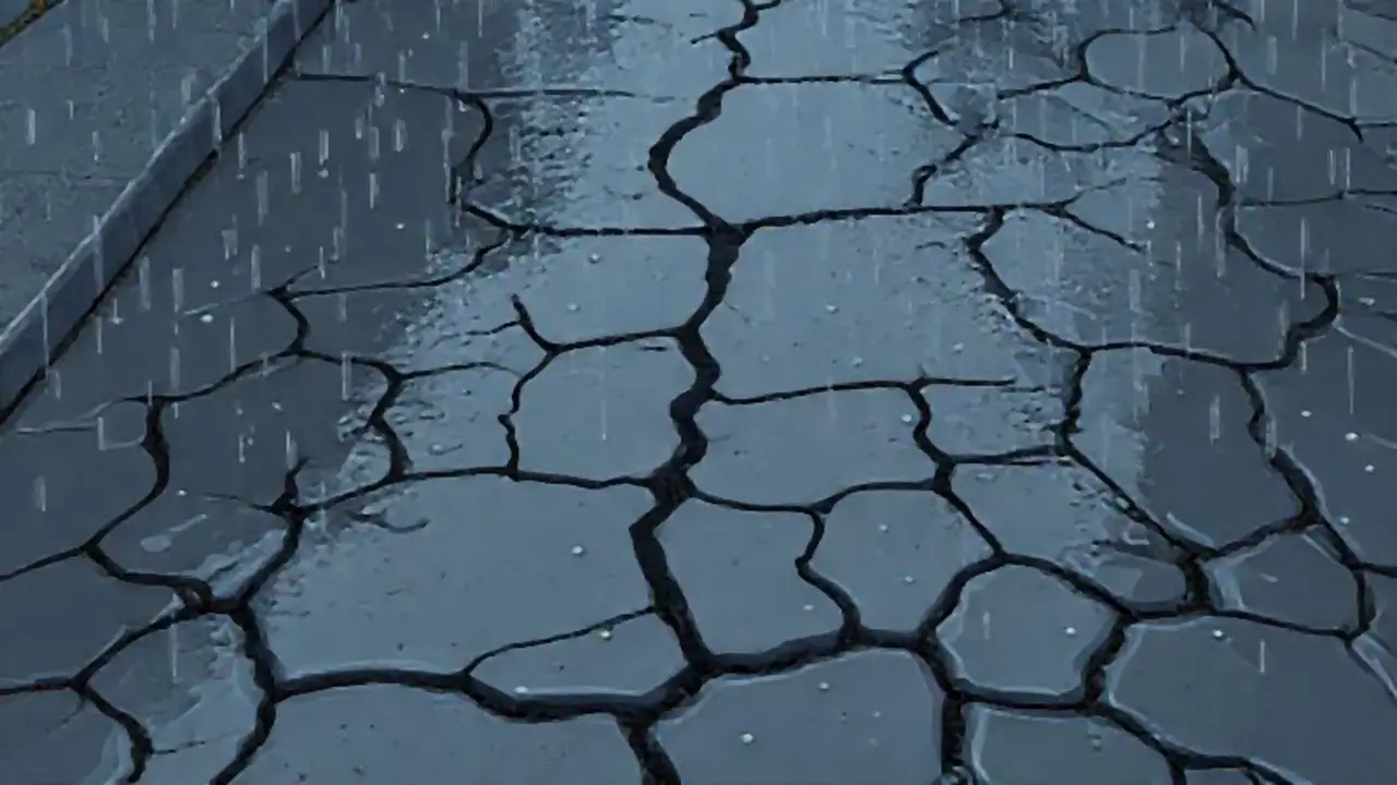 Lluvia gris sobre el asfalto agrietado