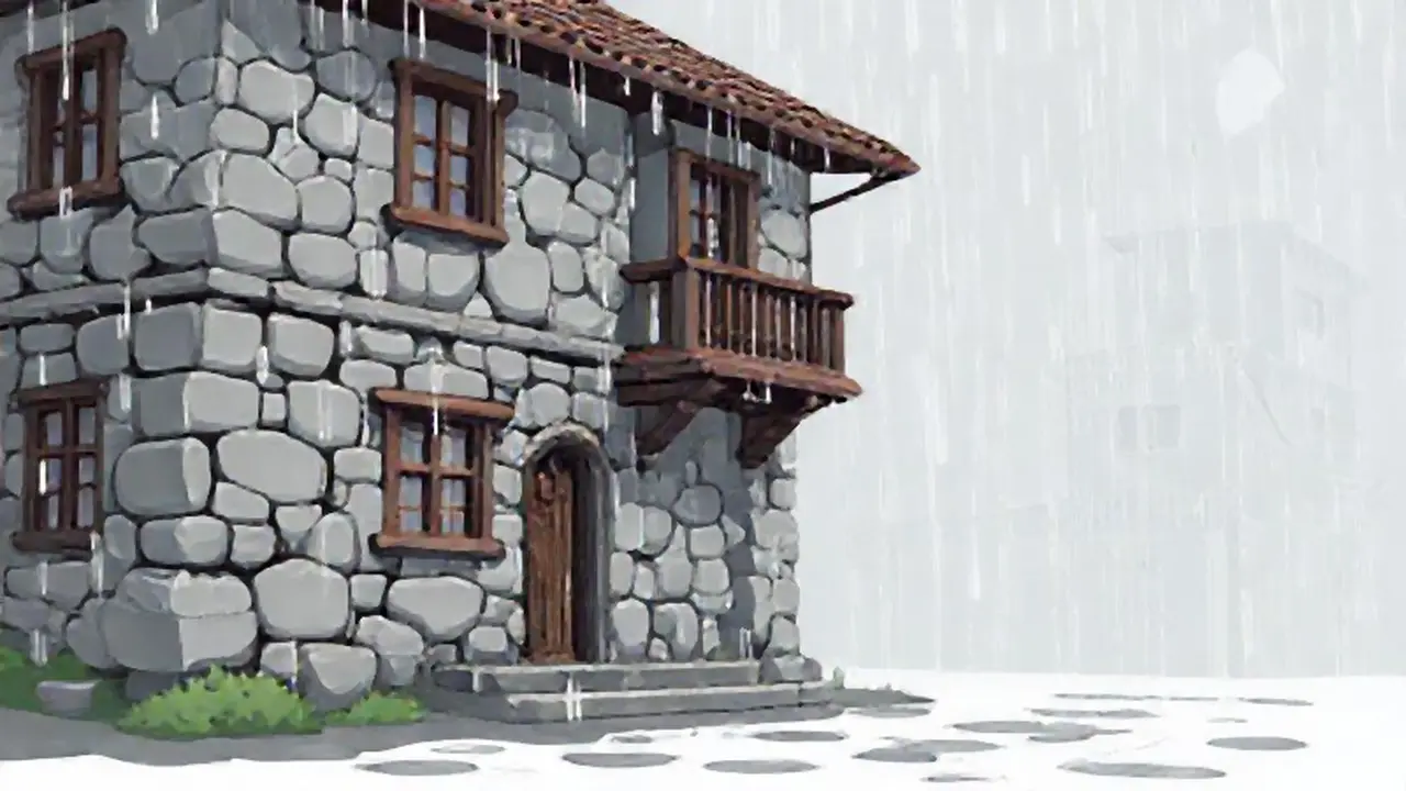 Edificio gris bajo la lluvia